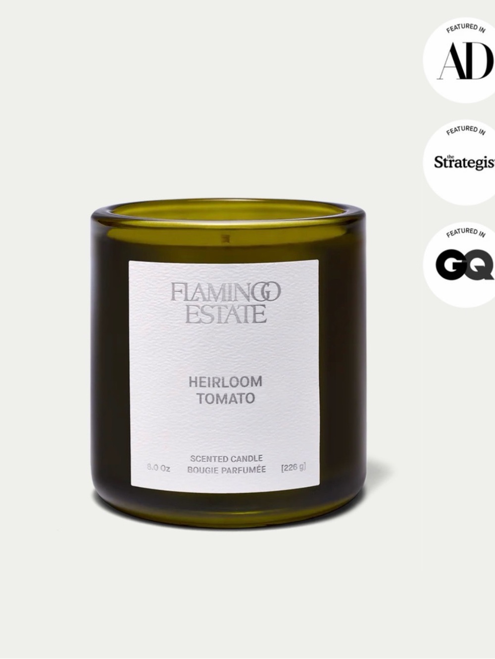 Flamingo Estate Heirloom Tomato Scented Candle — Olive Green Glass Jar